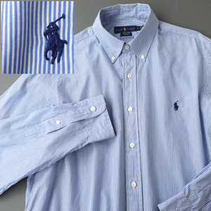 ラルフローレン ヘアラインストライプ ボタンダウンシャツ COTTON STRETCH ポニー刺繍 ブルー(L)
