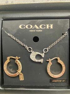 ※※送料無料 中古 COACH アクセサリー ネックレスシルバー全長約48cm＆ピアス 右 左 ゴールド