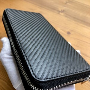 【土屋革具 】カーボンレザー 長財布 ラウンドファスナー コインケース 牛革 レザー メンズ財布 1円 黒×青　ハンドメイド