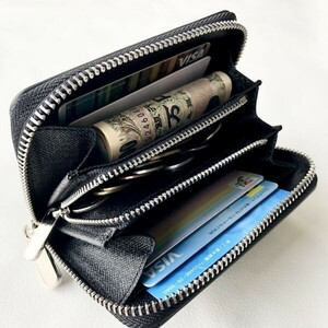 [ earth shop leather . with translation ] compact Mini purse epi leather Zippy wallet round fastener coin case men's selling up 1 jpy black × black 