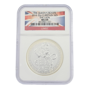 1円■イギリス王立造幣局 クインズビーストライオン 2016年 2OZ 5ポンド・銀貨幣・メダル/Sv1000/純銀-62.2g/The Royal Mint ■515360