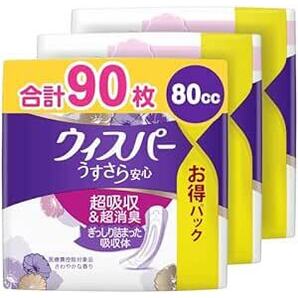 [まとめ買い・大容量] ウィスパー うすさら安心 80cc 90枚 (30枚×3パック) (女性用 吸水ケア 尿もれパッド)【中量の画像1