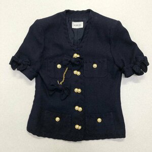 *INGEBORG Ingeborg jacket short sleeves pearl button gold button ribbon charm attaching Pink House navy sizeM lady's 0.46kg*