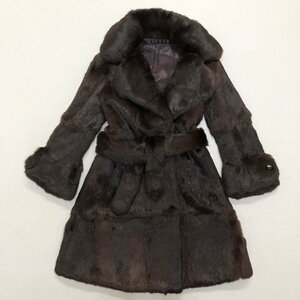 ●ミンクファー コート ロングコート リアルファー MINK 毛皮 本革 ガウン ローブ フック開閉 ブラウン size9 レディース 2.17㎏●