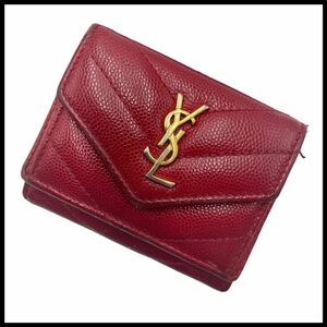 [ rare ]YVES SAINT LAURENT Yves Saint-Laurent caviar s gold V stitch three folding purse leather ka Sandra wallet YSL Logo red 