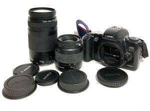 bk-679 Canon EOS Kissフイルムカメラ CANON ZOOM LENS 35-80mm 1:1.4-5.6Ⅲ/75-300mm 1.4-5.6Ⅱ 現状品(Y216-5)