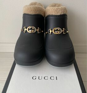 値下げ！GUCCI ラバー レインブーツ ショート ブラック ボア スノーブーツ35 22cm 未使用 箱有 保存用巾着袋×2