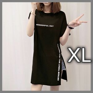 XL ブラック ロング丈 Tシャツ 英文 スリット ロゴ 体型カバー　黒　半袖
