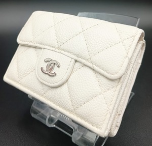 シャネル CHANEL 三つ折り財布 マトラッセ ココマーク キャビアスキン レザー オフホワイト レディース フラップウォレット 美品 クリーム