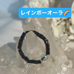 レインボーオーラ　ビーズリング　リング　水晶