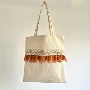 インド刺繍リボンとオレンジレースのトートバッグ（A4サイズ）　ハンドメイド