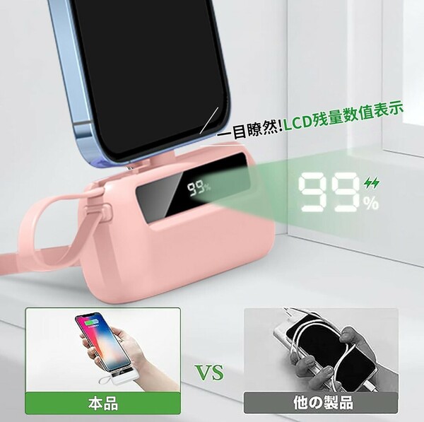 モバイルバッテリー 6000mAh LCD残量表示 ケーブル内蔵 i phone＆Type-C急速充電 残量表示 コードレス 直接充電 隠しスタンド(ピンク)A7