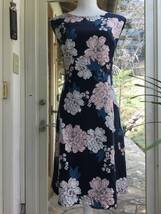 ローラアシュレイ・濃紺地薄ピンクアイボリー大花柄ワンピース１３ー１５号_画像1