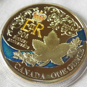 カナダ コレクションコイン エリザベス女王誕生90周年 記念金メダル カラー 1oz 1オンス 24金メッキ メイプルリーフ（検 金貨 プレゼントの画像3