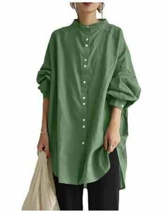 シャツ ブラウス オーバーサイズ ロング丈 長袖 大きいサイズあり 3XL グリーン