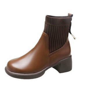 レディース 靴 ショートブーツ ソックスブーツ レザー調 ジッパー 厚底 黒 ブラック 太ヒール 24.5cm(39) ブラウン