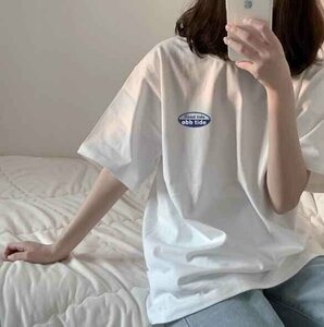 半袖トップス Tシャツ ロゴ カジュアル シンプル 春夏 レディース 2XL ホワイト