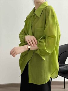 長袖シャツ ブラウス 羽織シャツ 紫外線対策 UV防止 カジュアル シンプル きれいめ L グリーン