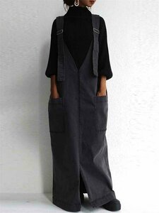 袖なしワンピース スリム ジャンパースカート ロングスカート カジュアル シンプル 大きいサイズあり L グレー