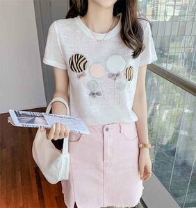 大人気 ラウンドネック かわいい系 Tシャツ 半袖 オシャレ カジュアル リボン M ホワイト