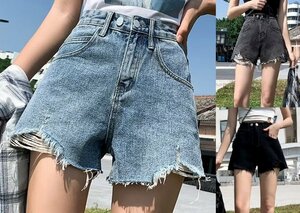 全4色 デニムショートパンツ ショーパン ジーパン ハイウエスト 切り替え 体型カバー 着痩せ デニム 【大きいサイズあり】 2XL ブラック