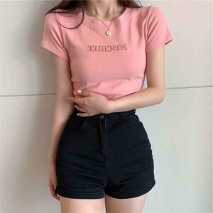 Tシャツ トップス 刺繍 デザイン レディースファッション INS M レッド