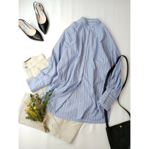  Te chichi [ cotton plant .. usually put on . grade up .. for!] fake pearl band color long sleeve stripe shirt blouse blue (9K+8169)