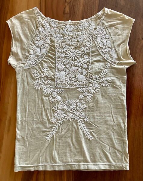 マーブルシュッド 刺繍 フレンチスリーブ Tシャツ 花柄 S 日本製