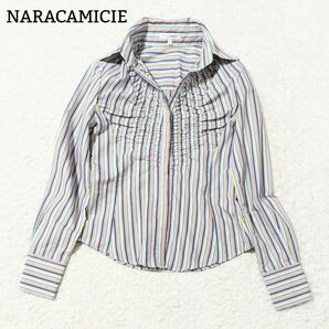 美品 NARACAMICIE ナラカミーチェ ストライプシャツ 長袖シャツ シャツ トップス マルチカラー 水色 赤 S 洗える