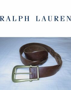 Ralph Lauren ラルフローレン ブラスバックル レザー ベルト W33 ブラウン 編み込み 真鍮 デカバックル