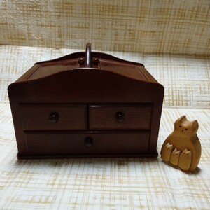 レトロ 木製 裁縫箱 道具箱 Y-Wood 無垢材 組木細工 オマケでネコの置物お付けします