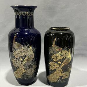 【現状品】花瓶 花器 花入れ 花生け 金彩色絵 孔雀梅花図 藍 工芸品 華道具 茶道具 美術品 インテリア オブジェの画像4