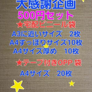 500円宅配ビニール袋A3近いサイズ2枚とA4すっぽりサイズ10枚とA4サイズ厚め10枚とテープ付きOPP 袋A4 サイズ20枚