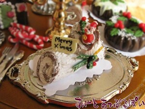クリックポスト可 ミニチュア　ホールケーキ　ホワイトクリスマスのブッシュドノエル　SMWLC001　ドールハウス用