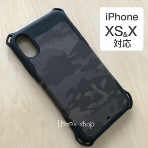 フィルム付 iPhoneXS iPhoneX オープン ケース ブラック　迷彩