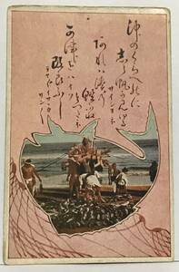 戦前　絵葉書　エンタイア　漁師たち　魚　水揚げ　船　港