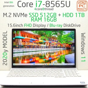 ★2020yモデル★Windows11★Core i7-8565U★M.2 NVMe SSD 512GB + HDD 1TB / DDR4 16GB / BD / USB-C / カメラ★15.6型FHD液晶★AH53/D3★