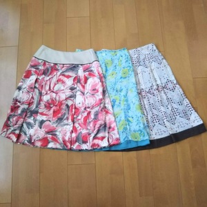 【メイクレット スカート 美品！】MAKELET：春～夏スカート 3枚セット フレア シフォン 花柄 ピンク オレンジ 茶 ブルー 61cm レディース