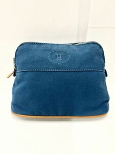 HERMES Hermes Bolide pouch case Mini blue × Brown canvas × leather 100% cotton 