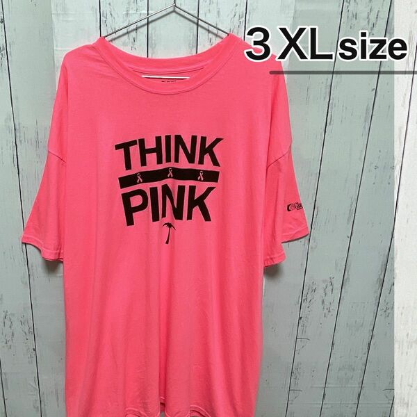 USA古着　Think Pink　Tシャツ　3XL　蛍光色　ピンク　プリント