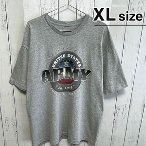 USA古着　Tシャツ　XLサイズ　グレー　ARMY　プリント　ロゴ　クルーネック