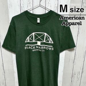 アメリカンアパレル　Tシャツ　グリーン　シングルステッチ　プリント　USA古着