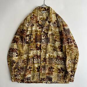 【60s/VINTAGE/美品】Lauhala size/不明 USA製 ヴィンテージ古着 アロハシャツ オープンカラー 長袖 総柄 開襟 レトロ ハワイ shirt