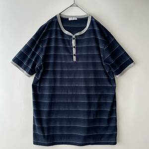 BARNEYS NEWYORK size/48 日本製 バーニーズニューヨーク ヘンリーネック 半袖 Tシャツ ボーダー カットソー ネイビー