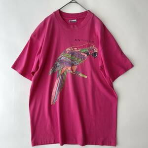 80s VINTAGE TEE S/S -Hanes- size/L (ic) USA製 ヴィンテージ古着 ヘインズ アニマル プリント Tシャツ 半袖 鳥 インコ ピンク ビンテージ