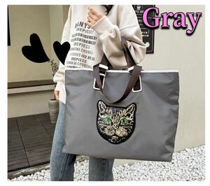  tote bag tote bag high capacity handbag shoulder .. gray cat spangled zipper [ new goods unused ]