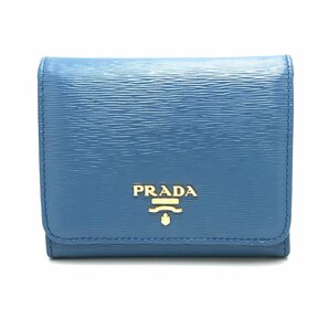 PRADA プラダ サフィアーノ 三つ折り財布 ブルー系 ゴールド金具 レディース財布 fe ABB3の画像1