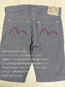 【限定】【USED】【36】EVISU エヴィス グレンチェック ショートパンツ 神奈川限定カラー 紫 パープル ハンドペイント 横浜元町エヴィス