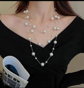 【シルバー】パールネックレス　ロング　チェーン　軽量 パール jewelry necklace ロングネックレス パーティ