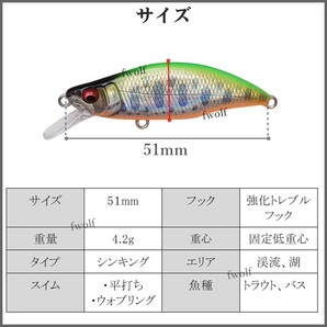 シャッド ルアー 51mm 4.2g 5個 セット バス釣り 渓流 ミノー トラウトルアー シンキングミノー トラウト 管釣り 釣り具 f235Q-trout-Cの画像3
